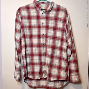 Red and white Cabela’s flannel (size medium regular).